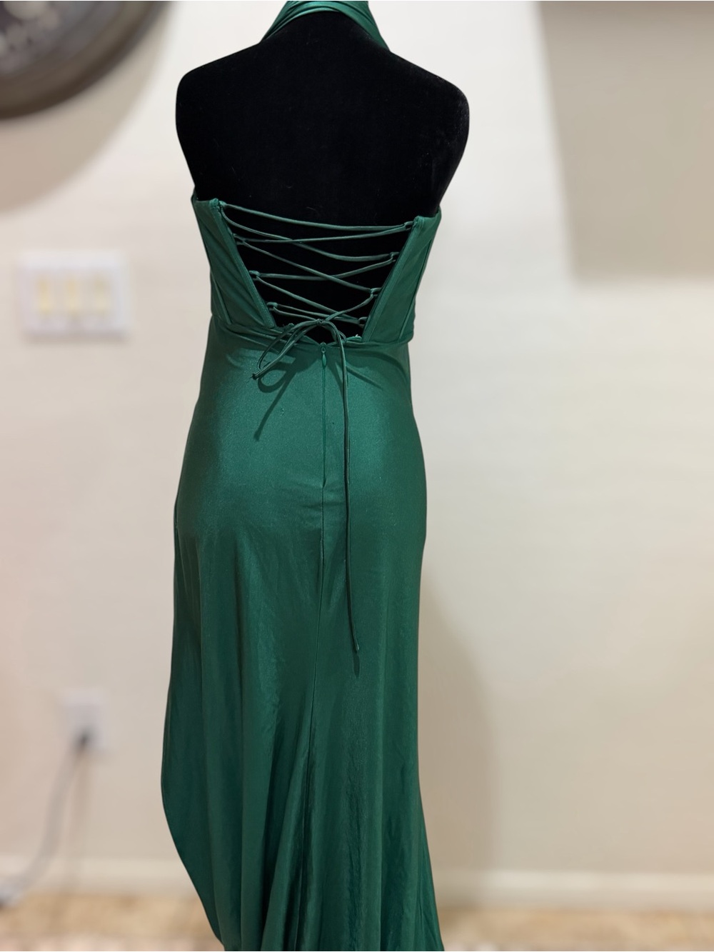AOSHABABI Emerald Green Halter Corset Maxi Dress Lace Up Back Slit Formal Size S - Picture 2 of 5